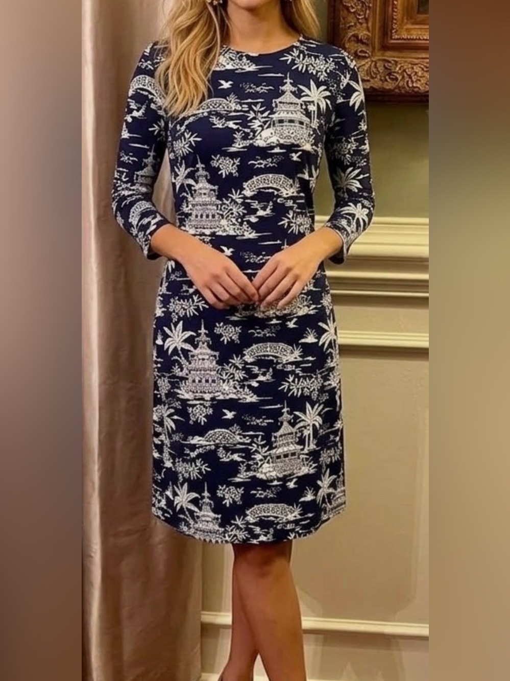 J McLaughlin Sophia Dress Tongsai Palms Size Medium Navy & White Catalina Cloth